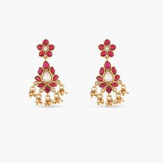 Floral Drop Silver Earrings Dual-tone Drop Danglers, Dual-tone Danglers For Celebration, Kundan Danglers For Formal Occasions, Dual-tone Kundan Earrings, Ruby Chandelier Earrings For Wedding, Dual-tone Earrings For Diwali, Elegant Ruby Earrings For Festive Occasions, Dual-tone Bridal Earrings As Gift, Elegant Ruby Bridal Earrings For Diwali