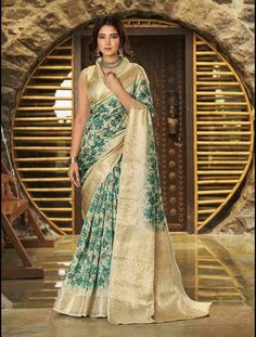 Floral Printed Litchi Jacquard Saree On Rutbaa Green Silk Saree, Floral Saree, Pistachio Green, Printed Saree