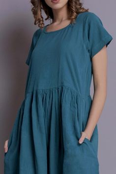 Short sleeved Dress Teal Linen dress Summer dress Knee | Etsy Short Sleeve Midi Dress With French Seams For Daywear, Cotton Midi Dress With Relaxed Fit, Modest Flowy Short Sleeve Dress, A-line Sundress Maxi Dress With Pockets, A-line Dress With Pockets For Daywear, Short Sleeve Shift Dress In Solid Color, Short Sleeve Solid Color Shift Dress, Solid Color A-line Dress With Pockets, Short Sleeve Midi Dress With Pockets For Work