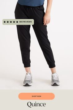 These women's performance joggers feature our ultra-soft Flowknit fabric. Featuring a slim but relaxed fit with the perfect amount of stretch for ultimate comfort. They'll be your new everyday pant.  | Quince | Women's Super Soft Performance Joggers in Black, Flowknit Activewear, Recycled Polyester, Size XL Sporty Joggers With Cuffed Ankles, Sporty Stretch Joggers With Cuffed Ankles, Athleisure Stretch Joggers With Cuffed Ankles, Casual Activewear For Running With Ribbed Waistband, Comfort Stretch Joggers With Elastic Side Panels, Comfort Stretch Joggers With Elastic Waistband For Jogging, Casual Activewear With Ribbed Waistband For Running, Tapered Leg Joggers With Elastic Waistband For Jogging, Black Comfort Stretch Joggers For Jogging