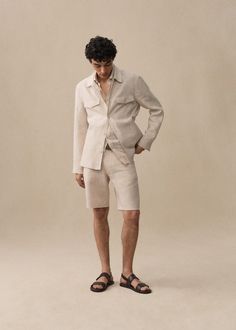 Slim fit 100% linen bermuda shorts - Men | Mango Man USA Linen Bermuda Shorts, Summer 25, Mango Outlet, Antoine Griezmann, Mango Man, Blazer And Shorts, Shorts Men, Fabric Belt, Welt Pocket