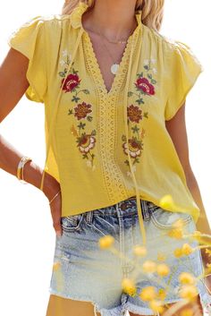 Yellow Floral Embroidered Flutter Sleeve Top Short Wrap Skirt, White Floral Embroidery, Embroidered Crochet, Mauve Dress, Embroidered Shorts, Flutter Sleeve Top, Woven Top, Embroidered Top, Yellow Floral