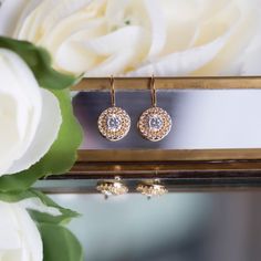 With intricate cubic zirconia details, these dainty drop earrings make a show-stopping statement for every special occasion. Lightweight and comfortable to wear for long periods. MATERIALS + MEASUREMENTS: - .925 Sterling Silver, 14K Gold or Rose Gold over Sterling Silver - Cubic Zirconia pave crystals - Height including hook 0.75 in (2 cm) x Width 0.4 in (1 cm) - Crystal Diameter 0.4 in (1 cm) - Hypoallergenic fish hook MATCHING JEWELRY ► Back Necklace NB053 - https://www.etsy.com/listing/537450 Elegant Yellow Gold Earrings With Halo Setting, Dazzling Cubic Zirconia Crystal Earrings With Halo Design, Wedding Halo Earrings In Cubic Zirconia, Cubic Zirconia Halo Earrings For Wedding, Yellow Gold Earrings With Halo Setting For Wedding, Wedding Halo Design Cubic Zirconia Earrings, Elegant Gold Cluster Halo Earrings, Yellow Gold Halo Setting Earrings For Wedding, Yellow Gold Halo Earrings For Wedding