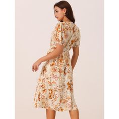 This floral casual dress will flatter any body shape, making it a timeless addition to any wardrobe. Occasion: It's Matched Well With Your Heels, Boots, Flats, and Slippers For Casual, Work, Beach, Dinner, Party, Daily, Honeymoon, Holiday, and Vocation. Easily pair it with your sandals, heels, and summer accessories. Sweet as well elegant. The floral print of this flowy sundress can perfectly express your personality and chic. Cream A-line Midi Dress With Floral Print, Knee-length Floral Midi Dress With Fitted Waist, Beige Floral Print Midi Dress, Floral Print Puff Sleeve Dress For Daywear, Knee-length Midi Dress With Fitted Waist For Garden Party, Fitted Waist Knee-length Midi Dress For Garden Party, Beige Fitted Waist Dress For Spring, Knee-length Ditsy Floral Print Sundress, Floral Print Midi Dress With Fitted Waist