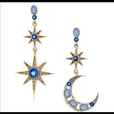 Brand New Betsey Johnson Earrings In The Shape Of A Moon And Sun With Blue Jewels. Blue Moon-shaped Earrings With Moon Charm, Blue Crescent Moon Charm Earrings, Blue Moon Shaped Earrings With Moon Charm, Blue Moon Charm Earrings, Nickel-free Moon Shaped Party Jewelry, Moon-shaped Pierced Earrings For Party, Moon Shaped Pierced Earrings For Party, Celestial Moon Earrings For Party, Celestial Blue Moon-shaped Earrings