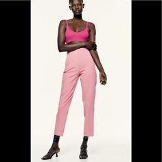 Zara High-Waisted Pants Beautiful Pink Color Summer Ankle-length Elastane Dress Pants, Ankle-length Elastane Dress Pants For Summer, Chic Pink Pants With Elastic Waistband, Fitted Elastane Dress Pants For Summer, Tailored Elastane Pantsuit, Spring Elastane Pantsuit, Spring High Waist Pantsuit For Night Out, Spring Stretch Elastane Pantsuit, Tailored Ankle-length Summer Bottoms