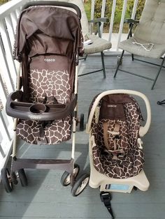 a baby stroller sitting on the porch next to an infant car seat