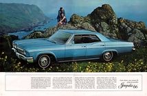 an advertisement for the new chevrolet capri sedan, with two people sitting on top of it