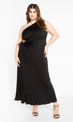 Flattering and bold, the Aliza Maxi Dress is just what you need to make a statement. Featuring an asymmetrical neckline, all-over harmonica pleat details and a side elasticated keyhole with drawstring, this dress will make hearts flutter. Key Features Include: - Asymmetrical neckline - Gel lining on the bustline - Side elasticated keyhole with drawstring - Invisible side zip closure - All-over harmonica pleat details - Maxi length Coordinate with simple sleek stilettos. | Plus Size Maxi Aliza 24 Black Pleated Asymmetrical Dress, Plus Size Outfit Ideas, Resort Wear Dresses, Sisters Wedding, Denim Short Dresses, Plus Size Outfit, Asymmetrical Neckline, Plus Size Maxi, Pleated Maxi Dress