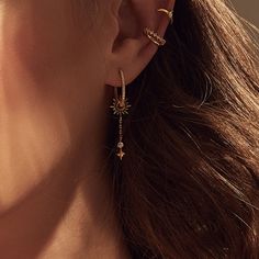 Sunlit Drop Gold Earrings | Wanderlust + Co Wedding Hoops Earring, Ear Piercings Design, Jewerly Earrings, Drop Gold Earrings, Black And Gold Earrings, Asymmetric Earrings, Fantasy Earrings, Rose London, Wanderlust And Co