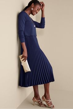 Cassandra Dress - Ribbed Knit Midi Dress | Soft Surroundings Blue A-line Midi Dress For Winter, Winter Pleated A-line Maxi Dress, Spring A-line Long Sleeve Pleated Dress, Blue Long Sleeve Midi Dress With Pleated Sleeves, Blue Pleated Long Sleeve Midi Dress, Soft Surroundings Dresses, Formal Accessories, Midi Length Skirts, Velvet Fashion