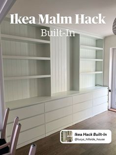 an open bookcase with built - in bookshelves and chairs is featured for the cover of ikea mahn hack