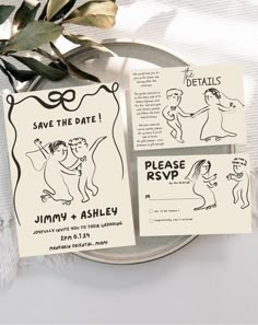 save the date cards on a plate next to a potted plant and napkins