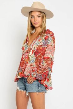 Air of Romance Red Patchwork Print Top - BohoPink Multicolor V-neck Peasant Top For Fall, V-neck Blouse With Ruffle Hem For Vacation, Fall V-neck Top With Ruffle Hem, Spring V-neck Peasant Top With Ruffles, Bohemian Tops With Ruffle Sleeves For Day Out, Bohemian Ruffle Sleeve Tops For Day Out, Bohemian Ruffle Tops For Day Out, Bohemian Ruffled Tops For Day Out, Fall Beach V-neck Blouse