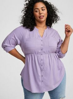 FIT Model is 5'10” wearing size 2. Measures 34” from shoulder (size 2). Babydoll silhouette. MATERIALS + CARE Challis woven fabric: New, improved, and loved by all—and still lightweight, drapey, and (really! ) machine-washable. . Stretch level: None. . 72% rayon, 28% polyester. Machine wash cold. Tumble dry low. Imported. DETAILS Split neckline. Button up. Chest pockets. Long sleeves. The best plus size women's emma babydoll tunic the in dusk made of washchallis. Torrid is your destination for c Plus Size Leisure Wear, Woman Within Plus Size Clothing, Dress Outfits Women, Plus Size Pretty, Rayon Shirt, Woman Within, Western Boho, Denim Button Down, Shoulder Shirts