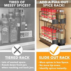 an image of spice rack in the kitchen with instructions on how to put spices into it