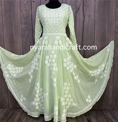 Beautiful and classic yoke Anarkali on soft cotton with a big flare. Hand embroidered Chikankari. Anarkali Length-52 inches Liner included. Anarkali Salwar Kameez With Cutwork And Long Sleeves, Fitted Cotton Churidar For Spring, Traditional Pista Green Cotton Anarkali Set, Pista Green Chikankari Embroidered Cotton Silk Anarkali Set, Traditional Floor-length Cotton Salwar Kameez, Cotton Pista Green Anarkali Set For Navratri, Pista Green Cotton Anarkali Set For Festivals, Pista Green Cotton Anarkali Set For Navratri, Fitted Cotton Traditional Wear With Cutwork