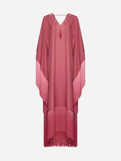 Taller Marmos Very Ross long kaftan in peony pink viscose and acetate blend crepe featuring a front and back V neck and decorative fringes at the hem. Composition: 78% acetate 22% viscose Taller Marmo, Boubou Styles For Women, Ritu Kumar, Peony Pink, Long Kaftan, Pleats Please Issey Miyake, Hijab Outfit, Batwing Sleeve, Aza Fashion