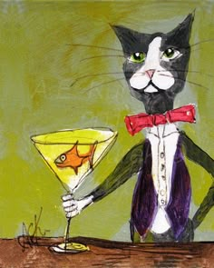 8x10 Print of my original painting of a tuxedo cat bartender. This is a funny cat art print that is sure to make any Crazy Cat Lady or Cat Lover smile! Size Options:    8x10 borderless print (fits right into an 8x10 frame)   8x10 image with a white border for matting and framing * This print is not matted or framed. * Printed with Epson Archival Inks* on Epson Hot Press Bright Art Paper -- a thick art paper  * Title: Silent Mylo the Tuxedo Cat Bartender * Hand signed and numbered by me, Alison E Funny Cat Art, Crazy Cat Lady Gifts, Paint Inspo, Tuxedo Cats, Gift For Cat Lover, Cat Art Print, Cats In Art, Tuxedo Cat, Art Collage Wall