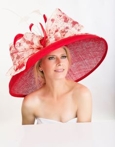 "Red very wide brim hat couture classical hat for elegant ladies. Wear it at the weddings, or church or Ascot or Derby or club events- you will be definitely the most elegant lady! This hat is made of sinamay and adorned with 3 hand dyed and painted silk abaca bows, feathers and loops. . It's done with 3 layers of sinamay for a very good stability and a long lasting life. This hat is about 22\" around the brim. It can be done in any size, please request yours. Also, this design can be done in ma Fascinator Hats Diy, Barbie Hat, Large Hat, Royal Ascot Hats, Happy Hat, Vintage Fashion 1950s, Couture Hats, Ascot Hats, Hat Wedding