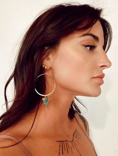 "The green Chrysoprase pendants are to die for. The shade of green is fresh, happy and full of joy. Want to complete an outfit and make it fierce?! Put these beauties on. ▲ Chrysoprase gemstone triangle pendants ▲ 2\" gold plated hoops ▲ Weight: 1/8 oz ▲ Drop length: 3 1/4\" ▲ Handmade in Arizona Love hoop earrings as much as we do? Shop them all here! https://etsy.me/3txKbEn CHRYSOPRASE GEMSTONE PROPERTIES This is a heart stone, promoting joy and optimism! It helps to attract love and abundance Green Hoop Earrings For Gift, Green Dangle Jewelry For Everyday Wear, Green Hoop Jewelry With Matching Earrings, Green Hoop Earrings Gift, Everyday Green Dangle Jewelry, Green Dangle Hoop Earrings As Gift, Green Earrings For Everyday, Green Bohemian Earrings For Everyday Wear, Green Pierced Earrings For Everyday