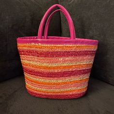 Bright And Bold Pink Orange And White Striped Woven Shoulder Bag Beach Tote. Measures 14” Across, 9.5” Tall With A 4.5” Base. Small 4.5” Drop At The Handle. Never Used. Pink Bucket Beach Bag For Spring, Red Summer Beach Bag For Spring, Casual Pink Beach Bag For Vacation, Red Casual Beach Bag For Spring, Casual Red Beach Bag For Spring, Pink Straw Bag For Summer Shopping, Pink Casual Straw Bag For Summer, Casual Pink Straw Bag For Summer, Spring Travel Pink Straw Bag