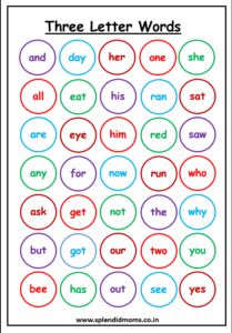 three letter words worksheet with circles and the word's in red, blue,