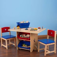 a wooden table with two chairs and a toy train set