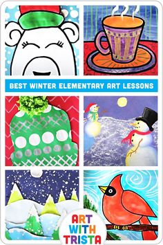 four different pictures with the words best winter elementary art lessons on them and an image of a