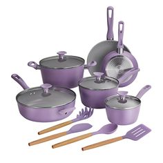 purple pots and pans with wooden utensils