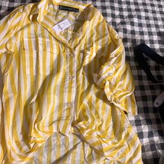 New York & Co 3/4” Yellow And White Stripes Blouse. Stripes Blouse, Striped Blouse, White Stripe, Button Down Shirts, Button Down Shirt, Stripes, Womens Tops, New York, Yellow