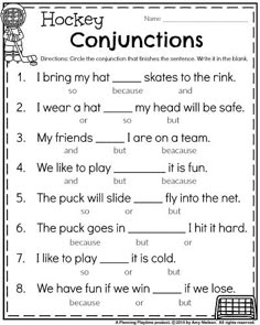 worksheet for the hockey conjunctions with words and pictures to help students practice their skills