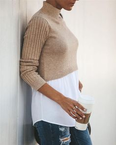 Sweater outfit ideas - Fashionsarah.com Better Sweater Outfit, Half Sweater, Kimono Maxi Dress, Button Sweater, Knitted Pullover Sweaters, Cool Sweaters, Winter Sweaters, Sweater Blouse, Color Khaki