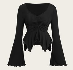 Long Sleeve Peplum Top, Asymmetrical Blouse, Flared Sleeves Top, Irregular Hem