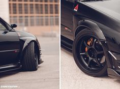 two side by side images of a black sports car and the same one with gold rims