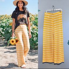 Amazing Crochet Style Cotton Blend Wide Leg Trousers/Pants In Yellow Striped Pattern With Elastic Waistband. Perfect For Beach Vacation, Cover-Up Pants For Swim Suite, Or Everyday Summer Pants. 51% Polyester - 49% Cotton Spring Knit Bottoms With Elastic Waistband, Knit Pants With Elastic Waistband For Spring, Spring Knit Pants With Elastic Waistband, Chic Elastic Bottoms For Summer, Chic Elastic Summer Bottoms, Fitted Knit Bottoms For Spring, Versatile Elastic Bottoms For Spring, Versatile Elastic Summer Bottoms, Versatile Elastic Bottoms For Summer