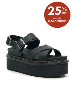 Dr. Martens-Voss II Platform Sandal - Women's Add some edge to your overalls or cut-off shorts with the Voss II platform sandal from Dr. Martens. This leather pair features a sawtooth sole and thick straps for rugged appeal. Dr Martens Voss Ii, Doc Martens Sandals, Dr Martens Voss, Platform Outfit, Sandals Platform, Doc Martens, Cut Off Shorts, Dr. Martens, Black Sandals