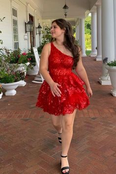 One Shoulder Red Tiered Short Princess Dress Short Princess Dress, Hoco Dress Inspo, Tulle Material, Winter Formal Dresses, Hoco Dress, Tiered Ruffle Skirt, Junior Prom Dresses, Corset Bodice, Short Prom Dress