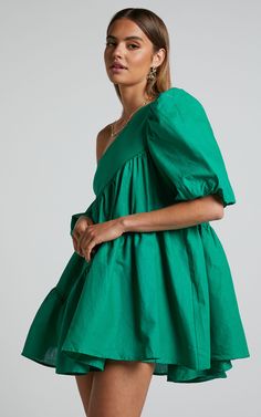 Harleen Mini Dress - Linen Look Asymmetrical Trim Puff Sleeve Dress in Green | Showpo USA Chic Green Puff Sleeve Dress With Ruffles, Green A-line Puff Sleeve Dress For Spring, Green One-shoulder Mini Dress With Ruffles, Green Puff Sleeve Dress For Summer, Green One-shoulder Midi Dress For Spring, Green Asymmetrical Spring Dress, Green Puff Sleeve Cotton Mini Dress, Green Cotton Mini Dress With Puff Sleeves, Green Cotton Puff Sleeve Mini Dress