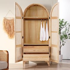 Natural Woven Rattan Bedroom Clothing Armoire with Hidden 2 Doors and Drawers Wardrobe Wardrobes For Bedrooms, Room Harry Potter, Clothing Armoire, Rattan Bedroom, Wooden Closet, Natural Bedroom, Wooden Wardrobe, Wardrobe Furniture, Wardrobe Armoire