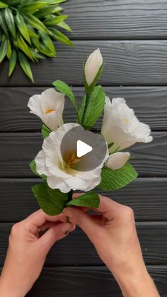 someone is holding some flowers in their hands and making a flower arrangement on the table