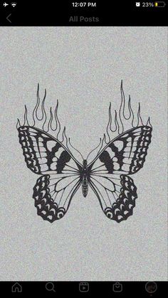 a drawing of a butterfly with flames on it's wings