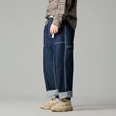 Wiaofellas - Japan fashion Retro Solid Straight Baggy jeans Dad Pants Men's and Women's All-Match Basic Four Seasons Straight Pants Fashion Baggy Hip-hop Jeans For Fall, Hip Hop Dark Wash Pants For Fall, Hip Hop Straight Leg Jeans For Fall, Non-stretch Straight Jeans For Streetwear, Baggy Denim Blue Hip Hop Pants, Casual Baggy Straight Cargo Jeans, Baggy Straight Cargo Jeans In Casual Style, Hip Hop Style Full-length Jeans For Spring, Spring Baggy Hip Hop Jeans