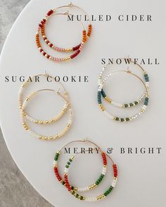 Beautify your winter look with these gorgeous holiday hoop earrings! Crafted with lightweight, hypoallergenic materials and beaded with festive colors, they're sure to turn heads and spread holiday cheer! Stand out from the crowd this season with these limited edition beauties! • Hoops measure 30mm• Earrings are made with Sterling Silver or 14k Gold Filled wire. No plating.• 100% hypoallergenic and tarnish resistant Christmas Beaded Hoop Earrings, Cricut Earring Ideas, How To Make Beaded Earrings, Earrings Cricut, Diy Beaded Earrings, Seed Bead Jewelry Tutorials, Seed Bead Hoop Earrings, Fall Bead, Maggie Grace