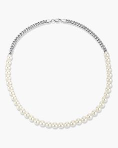 We’ve reimagined our best-selling chain to include the gem people can’t stop talking about. Our silver 8mm Cuban Link Pearl Necklace has over 35 pearls and our classic Cuban links in a 20” length to be worn alone or stacked with a longer chain for the ultimate stack. Elegant Pearl Jewelry With Ball Chain, Classic Beaded Pearl Necklace, Classic Silver Chain Necklace With Pearls, Silver Cuban Chain, Pearl Necklace Silver, Chain Necklace Silver, Cuban Chain Necklace, Silver Pearl Necklace, Timeless Classic Style