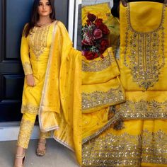 Traditional wear has always held a special place in the hearts of fashion-conscious Indian women. The best part about ethnic wear is its ability to evolve into something unique that will definitely make you stand out on every occasion. Celebrate this wedding season wearing this Yellow Punjabi suit embroidered with Heavy Gota Kundan and stone work . This beautiful suit is lined for comfort and Adorned with georgette Dupatta. Women can buy this Anarkali suit to wear for their upcoming functions, p Yellow Punjabi Suit Party Wear, Navratri Dola Silk Churidar, Yellow Raw Silk Salwar Kameez With Chikankari Embroidery, Yellow Chikankari Embroidery Raw Silk Salwar Kameez, Yellow Silk Salwar Kameez With Chikankari Embroidery, Yellow Art Silk Kurta With Chikankari Embroidery, Yellow Silk Churidar With Chikankari Embroidery, Dola Silk Churidar With Dabka Work, Designer Yellow Anarkali Set With Embroidered Border