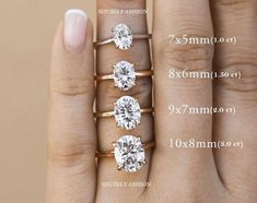 three different sizes of engagement rings on someone's hand with measurements for each ring