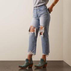 A nod to classic denim but with the versatility of a lightly distressed straight leg, this non-stretch, 100% cotton jean is an instant fave. The cropped hem hits right at your ankle so you can show off your favorite booties.\n\t\tUltra High Rise Tomboy Straight Jean | Women's Ultra High Rise Tomboy Straight Jeans in Mykonos Cotton, Size: 32 Regular by Ariat Distressed Mid-rise Cropped Jeans In Rigid Denim, Everyday Medium Wash Cutoff Cropped Jeans, Mid-rise Distressed Cropped Jeans In Rigid Denim, Distressed Mid-rise Cropped Jeans For Everyday, Everyday Ripped Mid-rise Cropped Jeans, Everyday Ripped Straight Leg Jeans, Ripped Mid-rise Cropped Jeans For Everyday Wear, Mid-rise Ripped Cropped Jeans For Everyday, Everyday Ripped Cropped Jeans For Fall