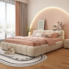 a bed room with a neatly made bed and a teddy bear sitting on the floor