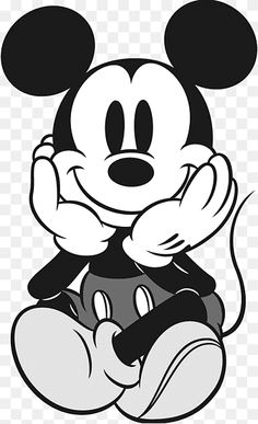 mickey mouse sitting down with his hands on his face, black and white cartoon character png